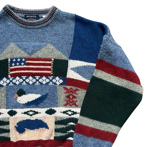 Vintage Austin Reed - Crewneck Americana Wool Sweater Cottage Grandpa Blue Large - Picture 2 of 5